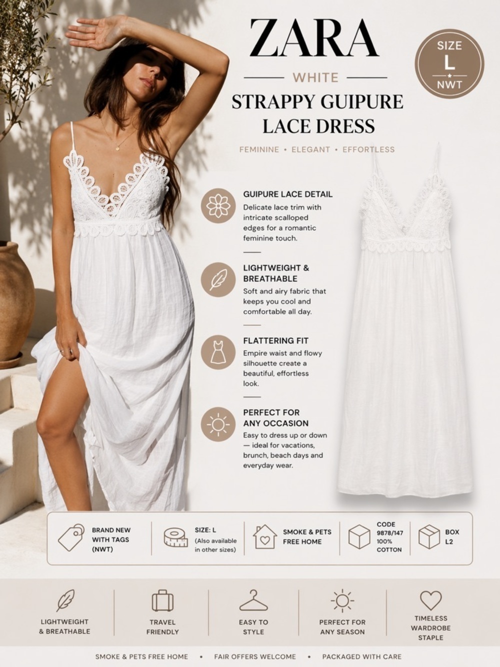 ZARA White Guipure Lace Strappy Maxi Dress NWT Size L